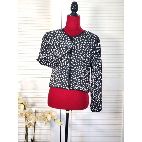 Vintage Stenag  Black and White Sequin Silk Bolero Evening Jacket Sz P S 1599 - Picture 2 of 12